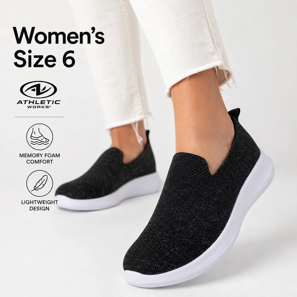 Athletic Works Womens Comfort‎ Low Vamp Slip On Sneakers Black  Size 6